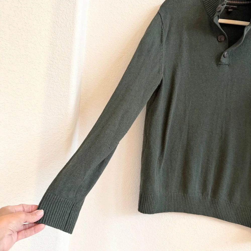 Banana Republic Mens Forest Green Cotton‎ Wool Blend Mock Neck Button Sweater L